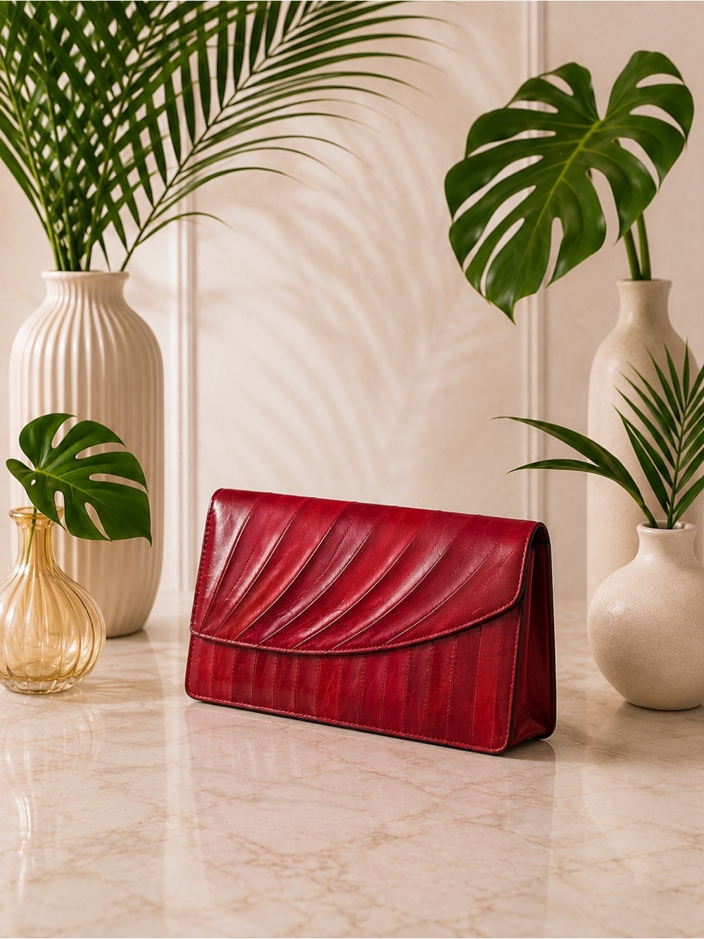 Vintage Red Eel Skin Clutch | Textured Exotic Leather | Structured Crossbody